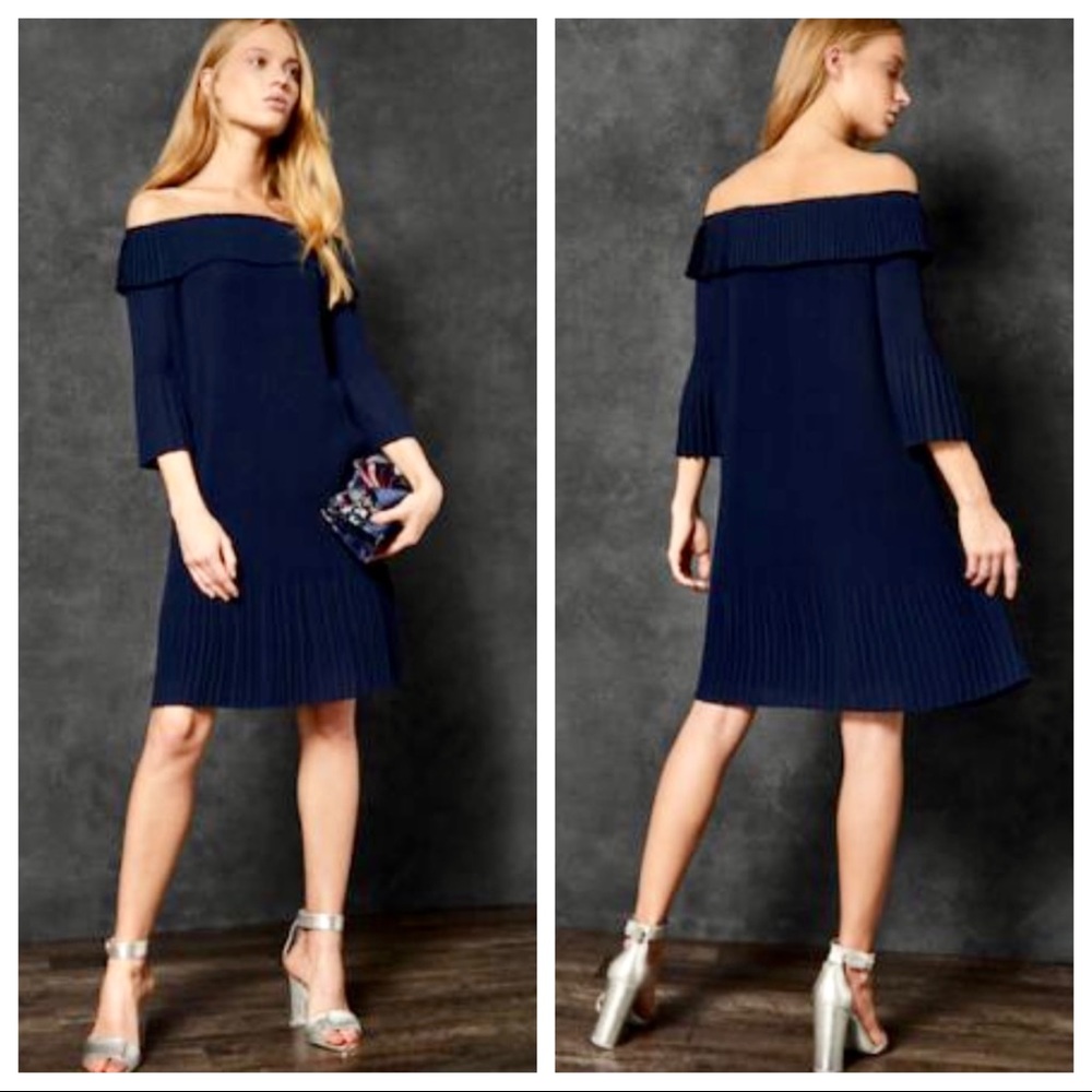 🎉HP NWT Sz6 “Francies Bardot” Ted Baker London Pleated Dress Shoulder Neckline - Picture 3 of 16